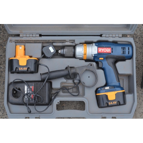 1310 - Cased Ryobi CDI-1443 14.4V hand drill with charger, 2 batteries, instructions and handle, Black & De... 