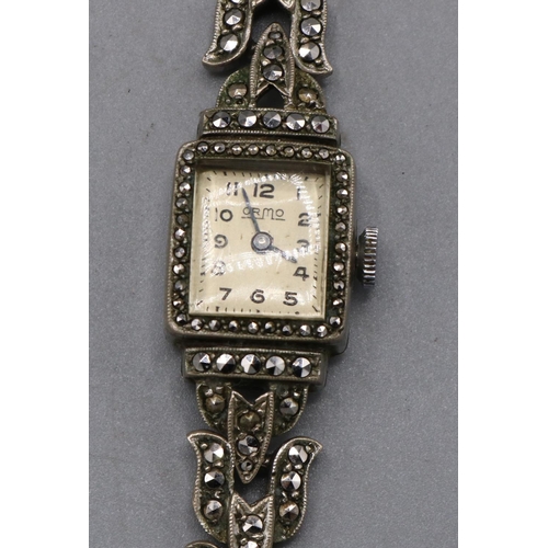 294 - Ladies Ormo plated and marcasite cocktail watch on integrated bracelet, signed silvered Arabic dial,... 