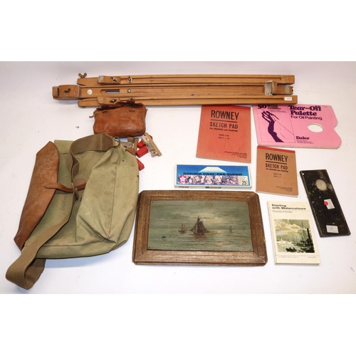 301 - Windsor & Newton beech artist's easel, two Rowney sketch pads, japanned artist's pallet, artist's ca... 