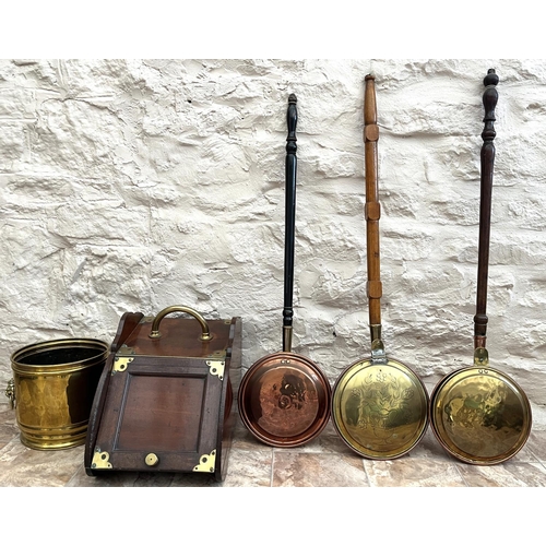 328 - Victorian wooden coal box with brass mounts and handle, and a collection of mixed metalware incl. th... 