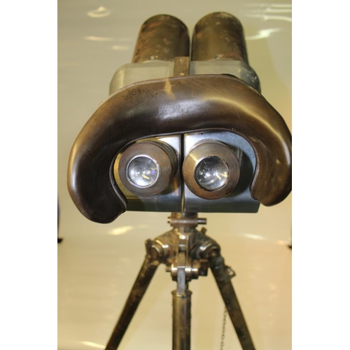 1344 - WWII German Flak Binoculars on steel telescopic tripod, stamped D.F. 10x80, clean lenses, rubber eye... 