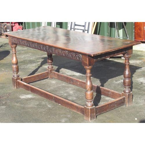 426 - C17th style refectory table, rectangular top with lunette carved frieze on baluster and block suppor... 