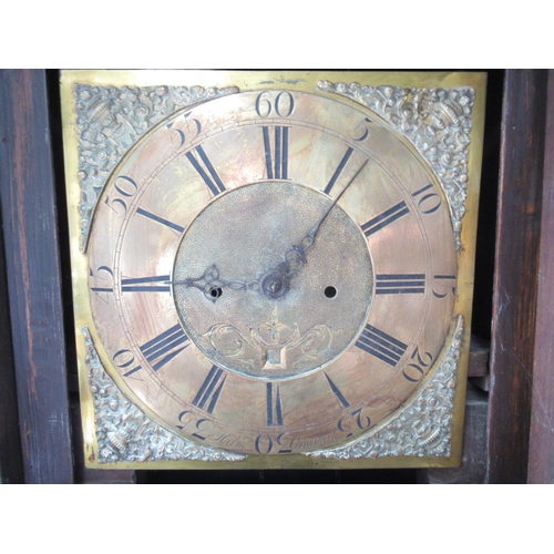 568 - Oak thirty hour longcase clock, 12in square brass Roman dial  with Arabic five minute divisions, sig... 