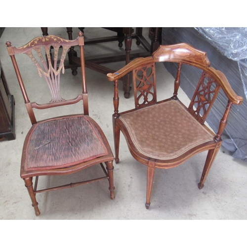 577 - Edwardian inlaid corner chair on turned supports and a similar bedroom chair on ring turned supports... 