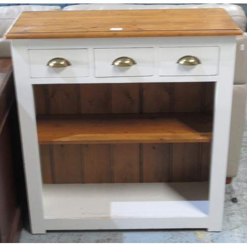 606 - Pine top white finish side cabinet with three drawers above a shelf, and a pine chest of three drawe... 