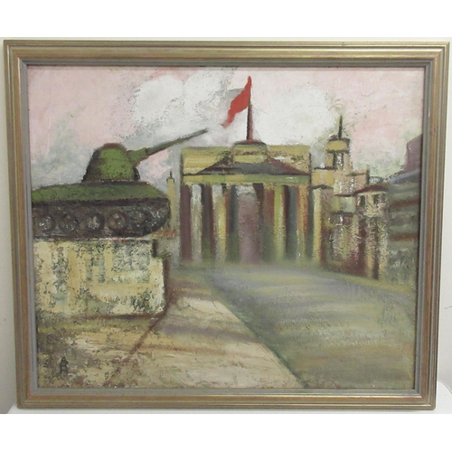 460 - Eastern School (C20th); Eastern Block town square with tank sculpture, oil on canvas, signed with in... 