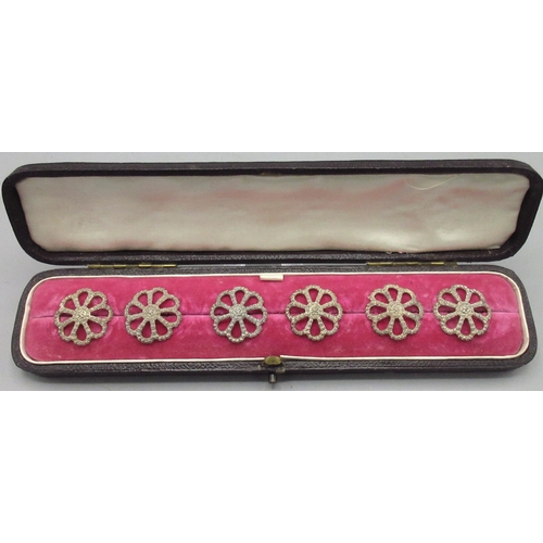 65 - Cased set of six Victorian silver flower shaped buttons, by Charles Horner, Chester, 1900