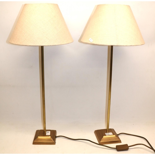 146 - Pair of tall brass finish modern table lamps, with shades, H70cm (2)