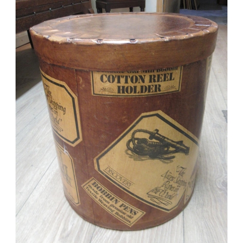 588 - Cylindrical hat box with Vintage haberdashery labels H40cm and a pair of Ikea Gladom black metal lam... 