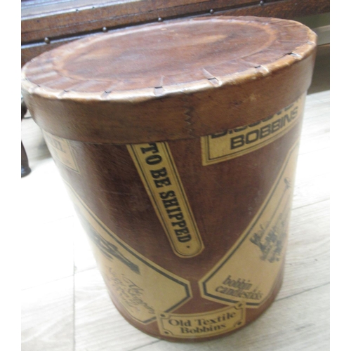 588 - Cylindrical hat box with Vintage haberdashery labels H40cm and a pair of Ikea Gladom black metal lam... 