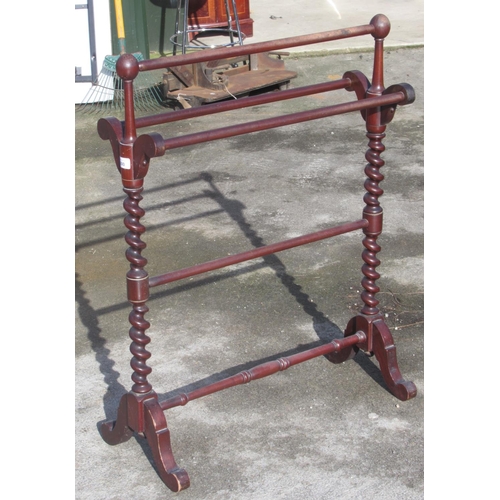 600 - Victorian mahogany towel rail on barley twist supports, and a small country made low stool (2)