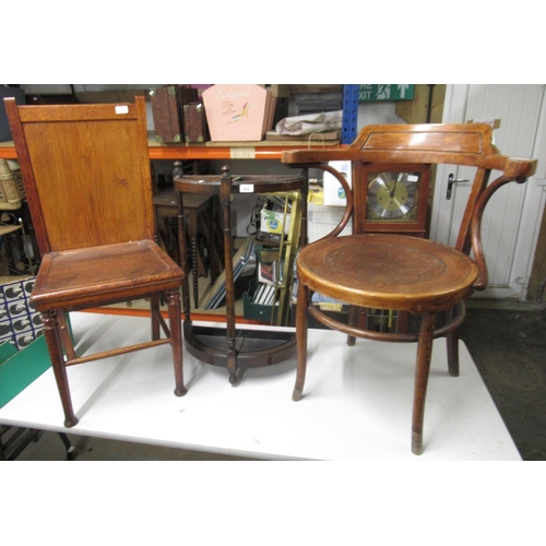 676 - Oak, D shaped two sectional stick stand, Bentwood style armchair and an unusual patented VC Bond & S... 