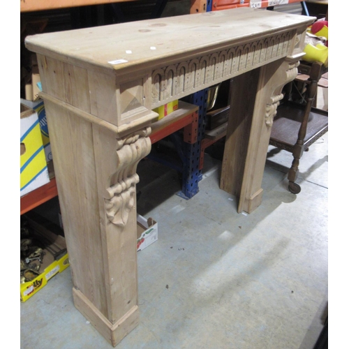 680 - Early C20th stripped pine fire surround with deep mantle, 115cm x 35cm x 101cm