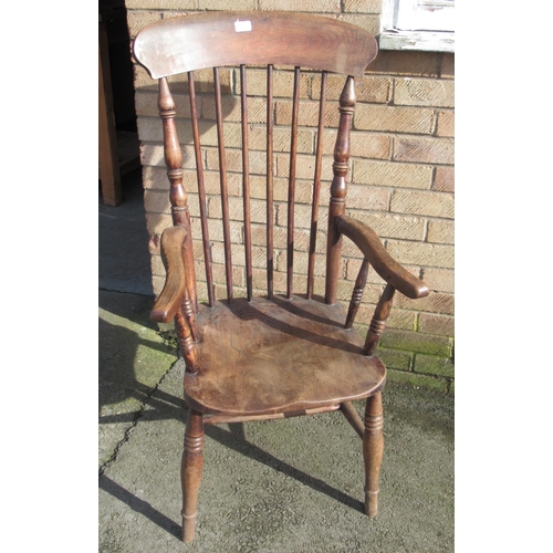 434 - Victorian ash and elm kitchen stick back Windsor type arm chair, on turned supports with stretchers