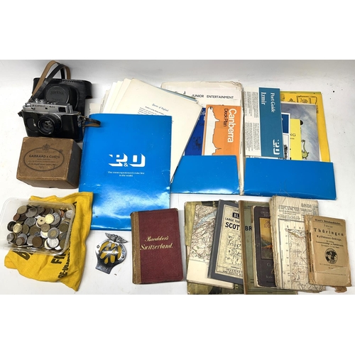 703 - Various collectables incl. a Zorki-4K 35mm camera, world coins, AA car badge, P&O passenger informat... 