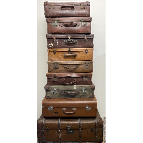 704 - Collection of vintage suitcases and a travelling trunk (9)