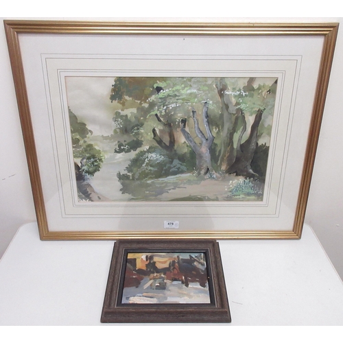 478 - English School (C20th); Wooded river landscape, watercolour heightened with white, indistinctly sign... 