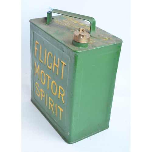 196 - Flight Motor Spirit oil can with cap, repainted/restored green with yellow lettering