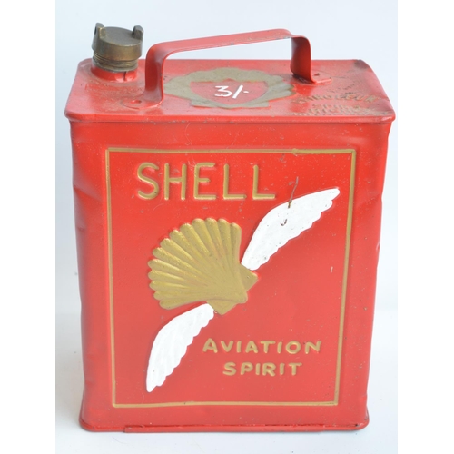 197 - Shell Aviation Spirit 2 gallon petrol can with cap, repainted/restored in red, gold and white