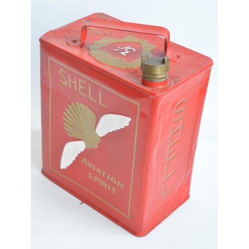 197 - Shell Aviation Spirit 2 gallon petrol can with cap, repainted/restored in red, gold and white