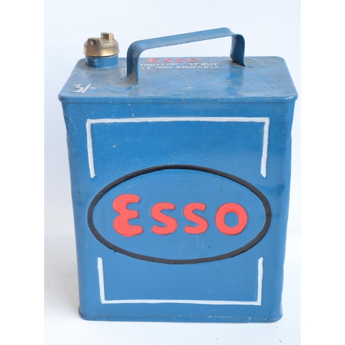 198 - Vintage Esso 2 gallon petrol can with cap, repainted/restored in dark blue with red lettering