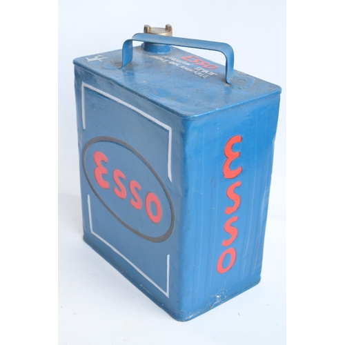 198 - Vintage Esso 2 gallon petrol can with cap, repainted/restored in dark blue with red lettering