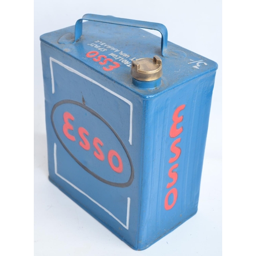 198 - Vintage Esso 2 gallon petrol can with cap, repainted/restored in dark blue with red lettering