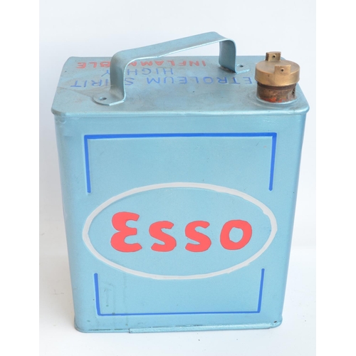 199 - Vintage Esso 2 gallon petrol can with cap, repainted/restored in light metallic blue with red letter... 