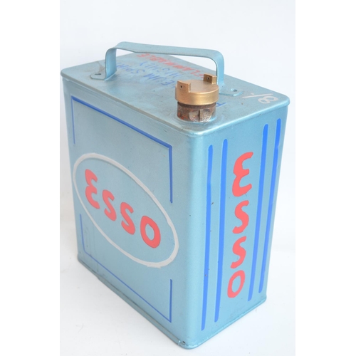 199 - Vintage Esso 2 gallon petrol can with cap, repainted/restored in light metallic blue with red letter... 