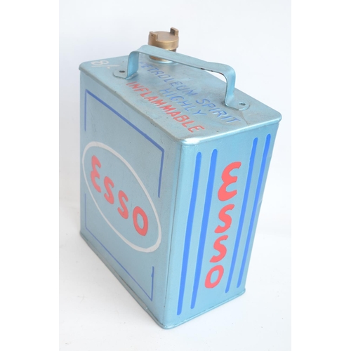 199 - Vintage Esso 2 gallon petrol can with cap, repainted/restored in light metallic blue with red letter... 