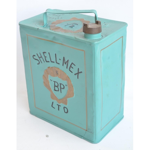 200 - Vintage Shell-Mex BP 2 gallon petrol can with cap, repainted/restored in light blue with black lette... 