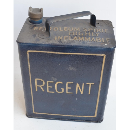 204 - Vintage Regent 2 gallon petrol can with cap, repainted/restored in dark blue with gold lettering