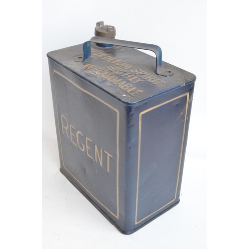 204 - Vintage Regent 2 gallon petrol can with cap, repainted/restored in dark blue with gold lettering