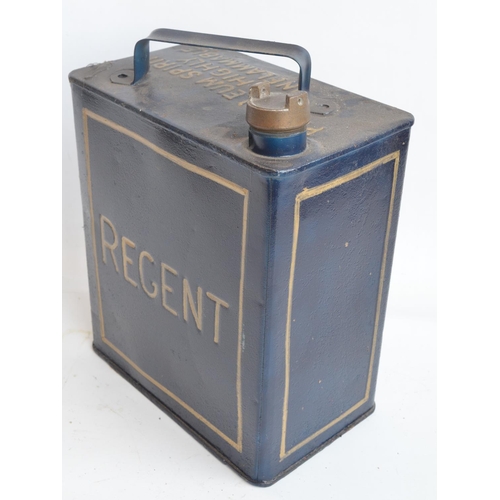 204 - Vintage Regent 2 gallon petrol can with cap, repainted/restored in dark blue with gold lettering