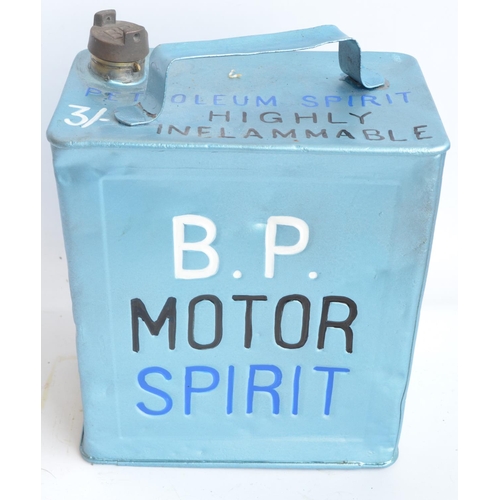 205 - Vintage BP Motor Spirit 2 gallon petrol can with cap, repainted/restored in light metallic blue