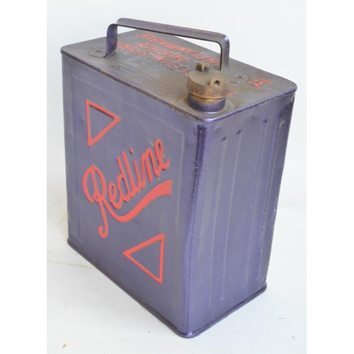 207 - Vintage Redline 2 gallon petrol can with cap, repainted/restored in purple with red lettering