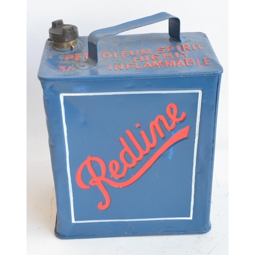 208 - Vintage Redline 2 gallon petrol can with cap, repainted/restored in blue with red lettering