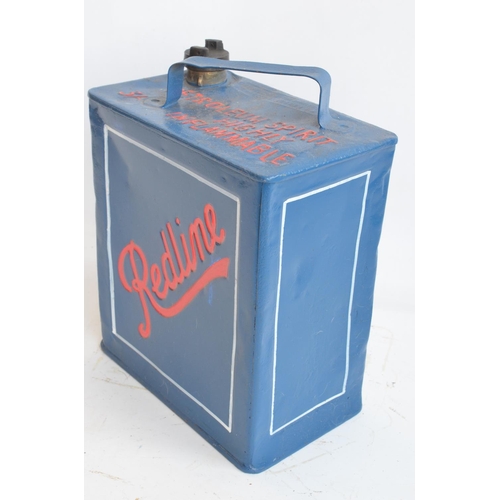 208 - Vintage Redline 2 gallon petrol can with cap, repainted/restored in blue with red lettering