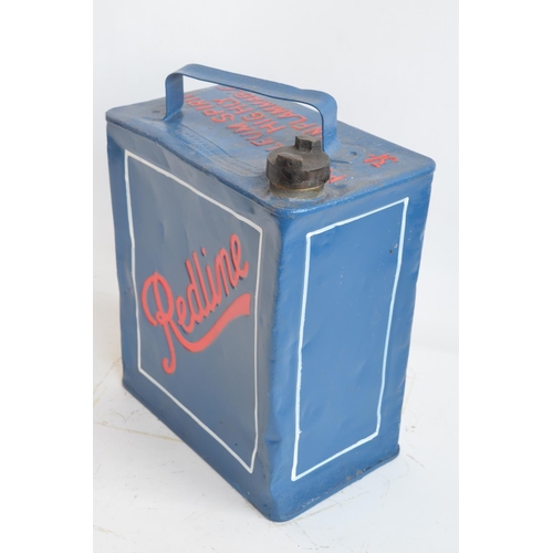 208 - Vintage Redline 2 gallon petrol can with cap, repainted/restored in blue with red lettering