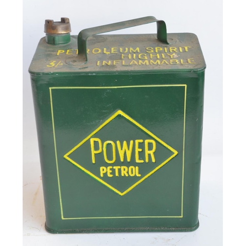 209 - Vintage Power Petrol 2 gallon petrol can with cap, repainted/restored in dark green with yellow lett... 