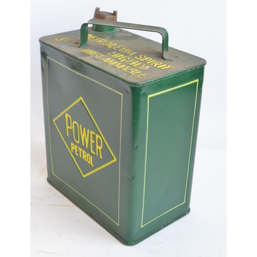 209 - Vintage Power Petrol 2 gallon petrol can with cap, repainted/restored in dark green with yellow lett... 