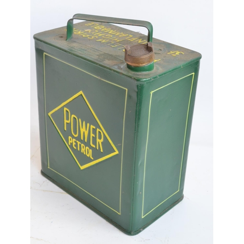 209 - Vintage Power Petrol 2 gallon petrol can with cap, repainted/restored in dark green with yellow lett... 