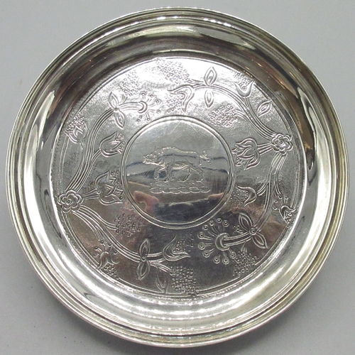 1079 - Small William 1V silver circular card tray, engraved to centre with a Boar in trailing foliate borde... 