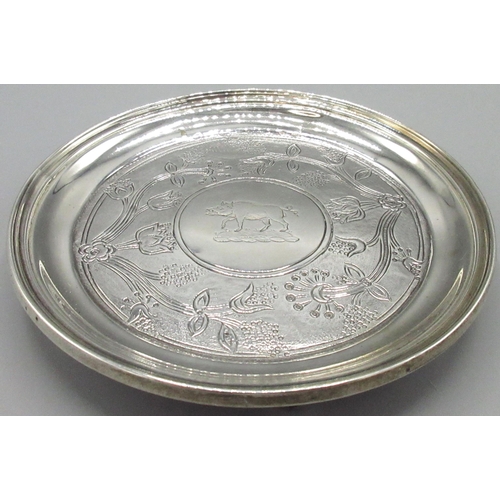 1079 - Small William 1V silver circular card tray, engraved to centre with a Boar in trailing foliate borde... 