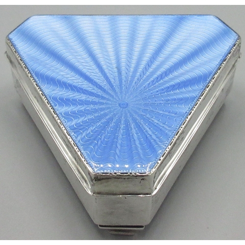 1058 - George V silver and enamel triangular ring box with blue radiating guilloche enamel hinged lid, on s... 