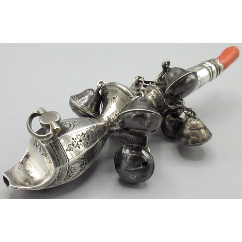 1048 - Victorian silver and coral child's rattle, whistle and teether, with bright cut scroll detail and wi... 