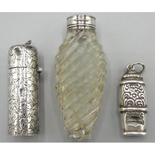 1070 - Victorian silver cylindrical scent bottle, engraved with leafage, Hilliard & Thomason Birmingham 189... 