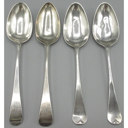 1064 - Pair of George III silver Old English pattern table spoons, probably John Jobson Newcastle, hallmark... 