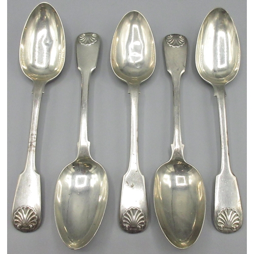 1044 - Set of five William IV silver double struck Fiddle and Shell pattern tablespoons, William Theobalds ... 