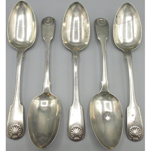 1050 - Set of five William IV silver double struck Fiddle and Shell pattern tablespoons, Henry Hyams London... 